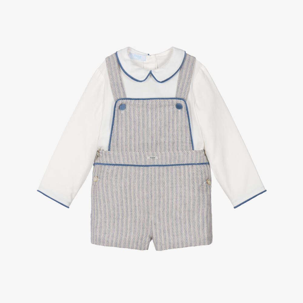 Foque-Boys Grey Herringbone Cotton Dungaree Shorts Set | Childrensalon