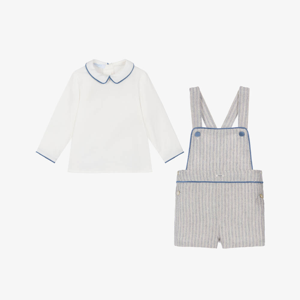 Foque-Boys Grey Herringbone Cotton Dungaree Shorts Set | Childrensalon