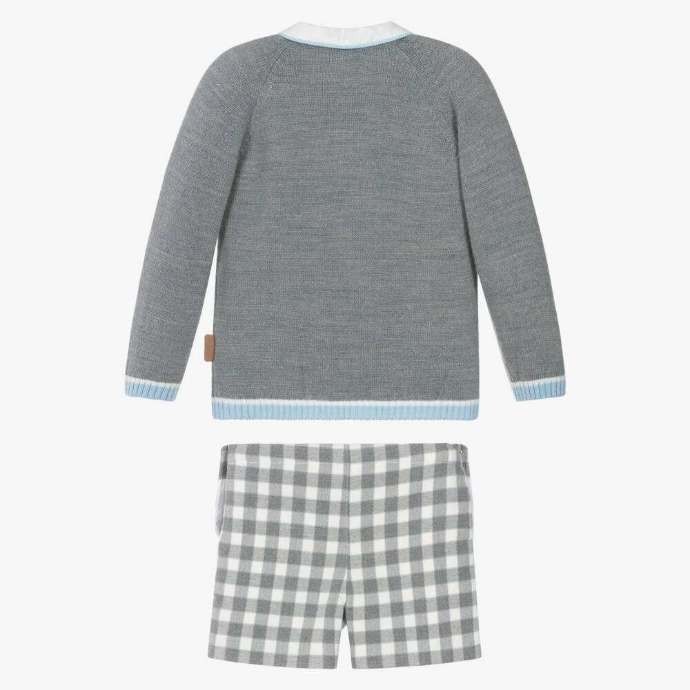 Foque-Boys Grey Knitted Sweater & Checked Shorts Set | Childrensalon