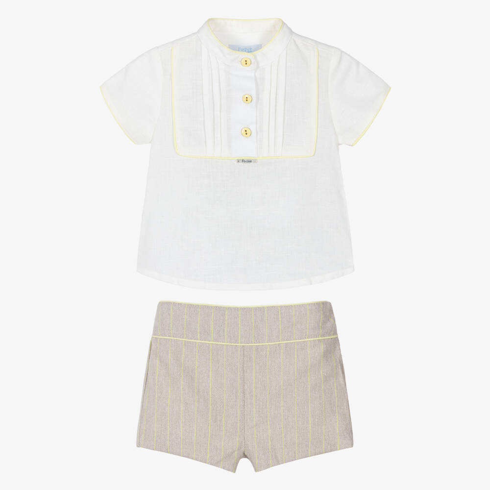 Foque-Boys Ivory & Beige Shorts Set with Yellow Trim | Childrensalon