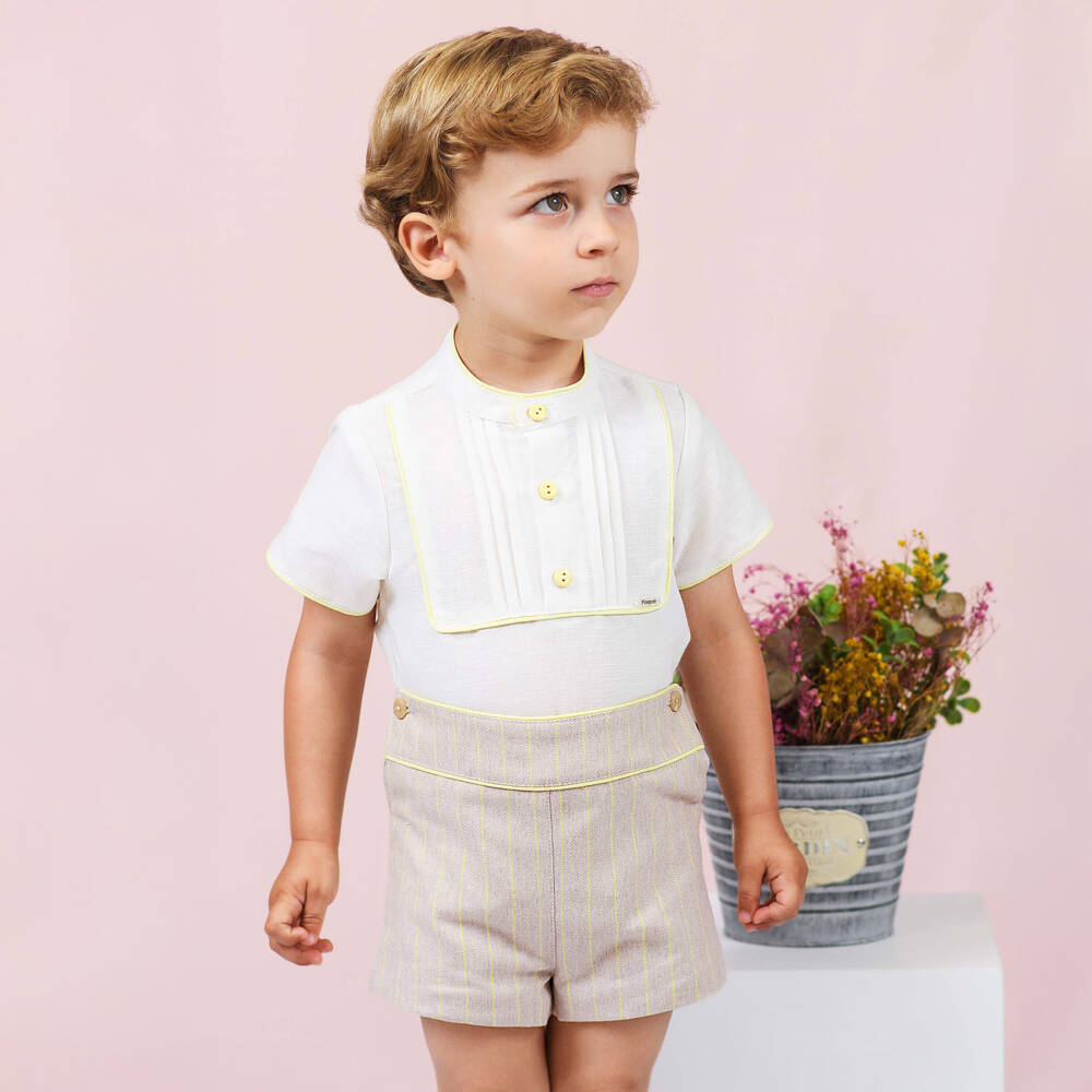 Foque-Boys Ivory & Beige Shorts Set with Yellow Trim | Childrensalon