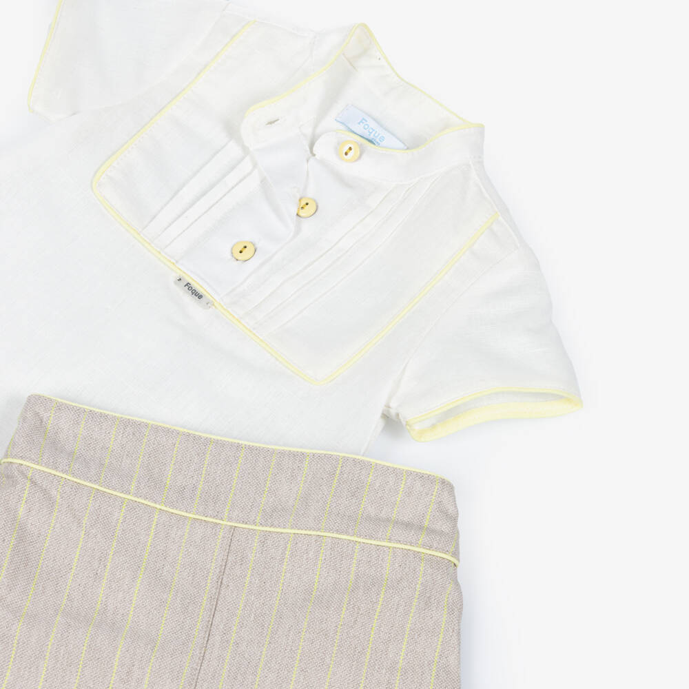 Foque-Boys Ivory & Beige Shorts Set with Yellow Trim | Childrensalon