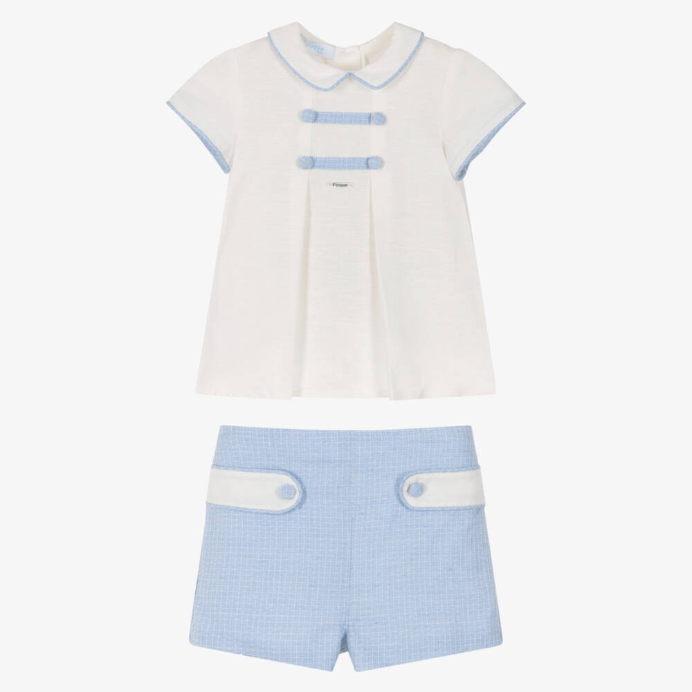 Foque-Boys Ivory & Blue Cotton-Linen Shorts Set | Childrensalon