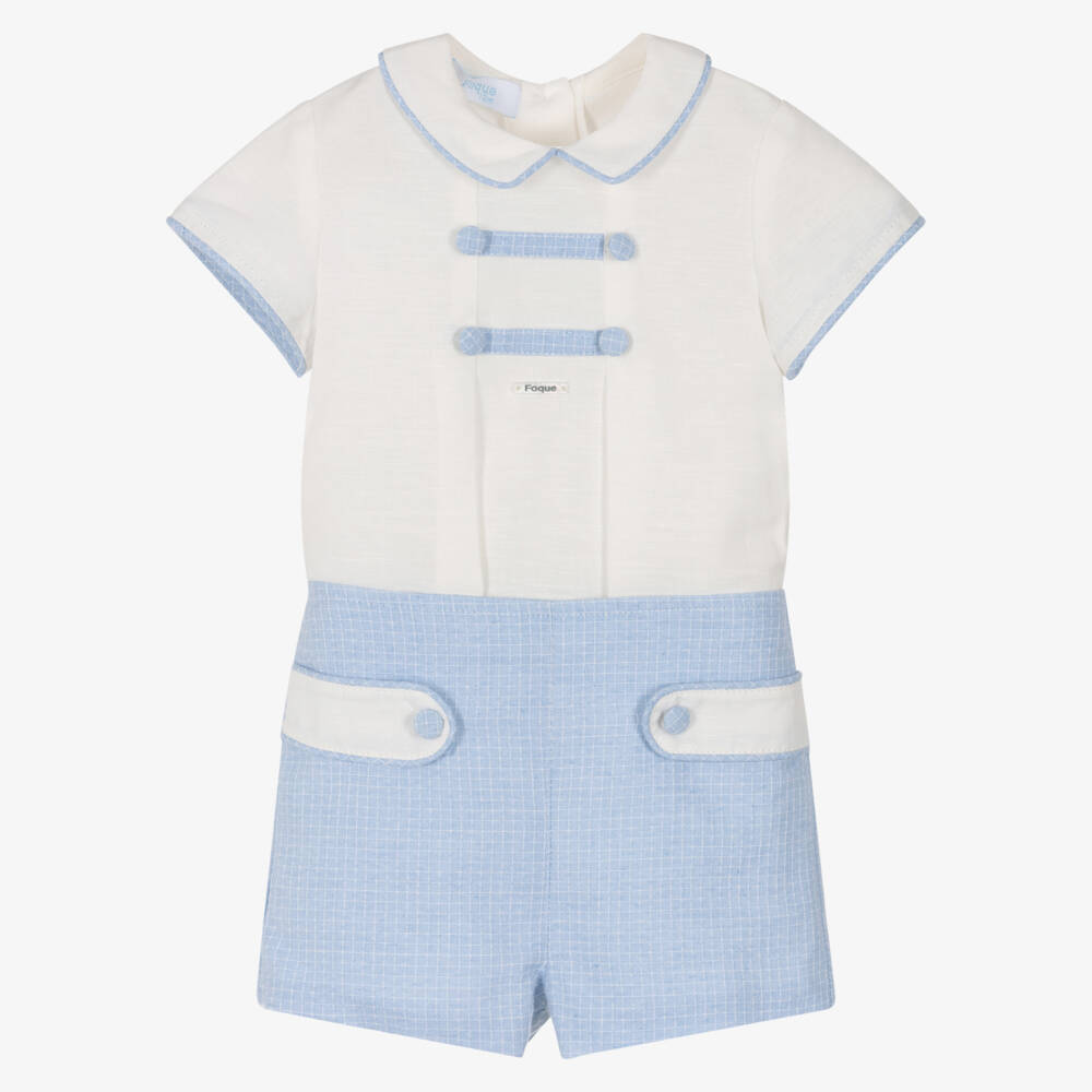Foque-Boys Ivory & Blue Cotton-Linen Shorts Set | Childrensalon