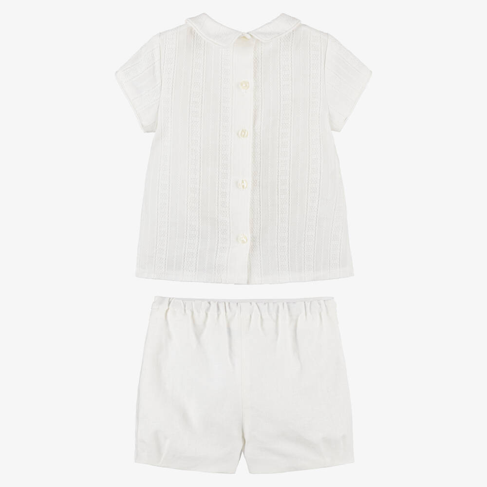 Foque-Boys Ivory Embroidered Shirt & Linen Blend Shorts Set | Childrensalon