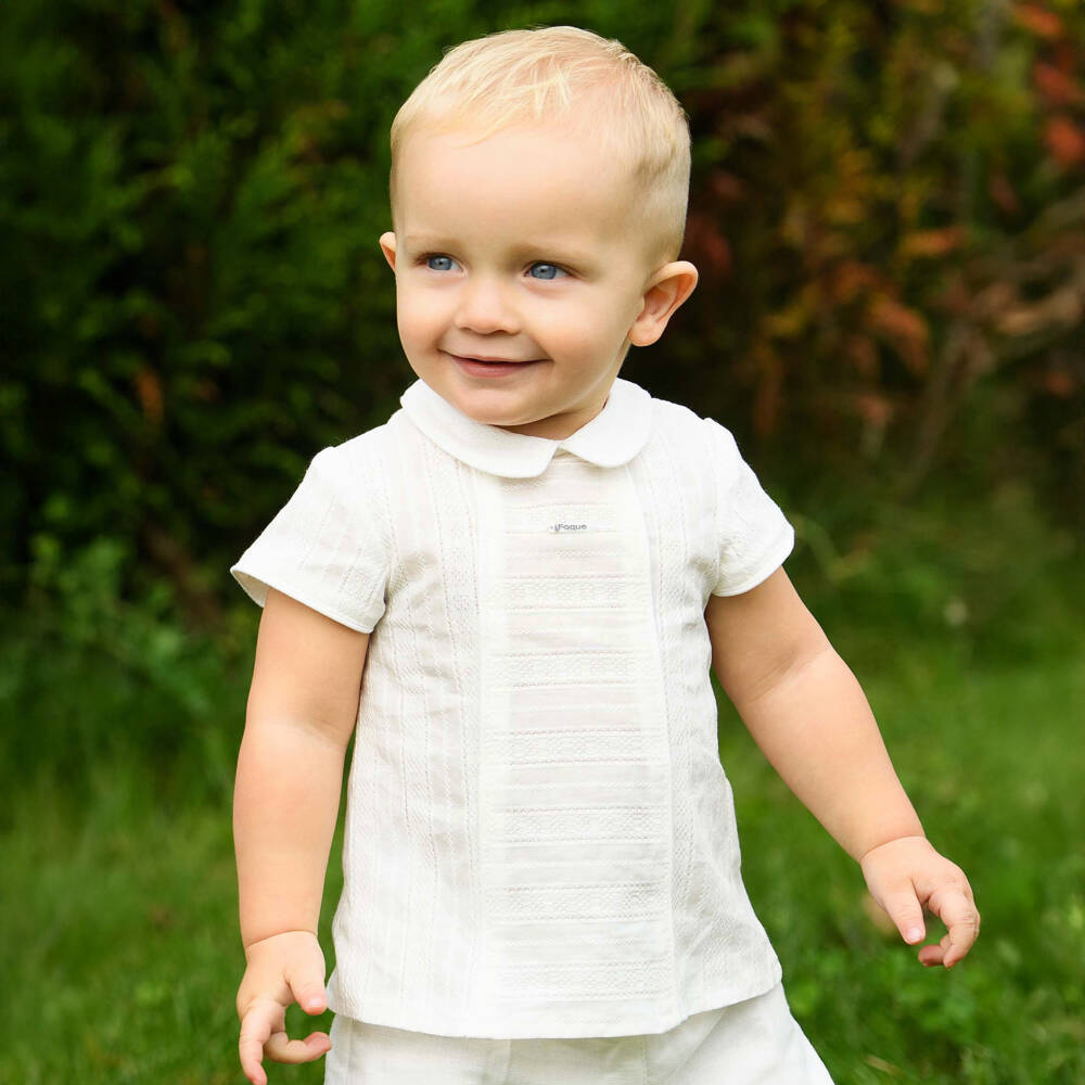 Foque-Boys Ivory Embroidered Shirt & Linen Blend Shorts Set | Childrensalon