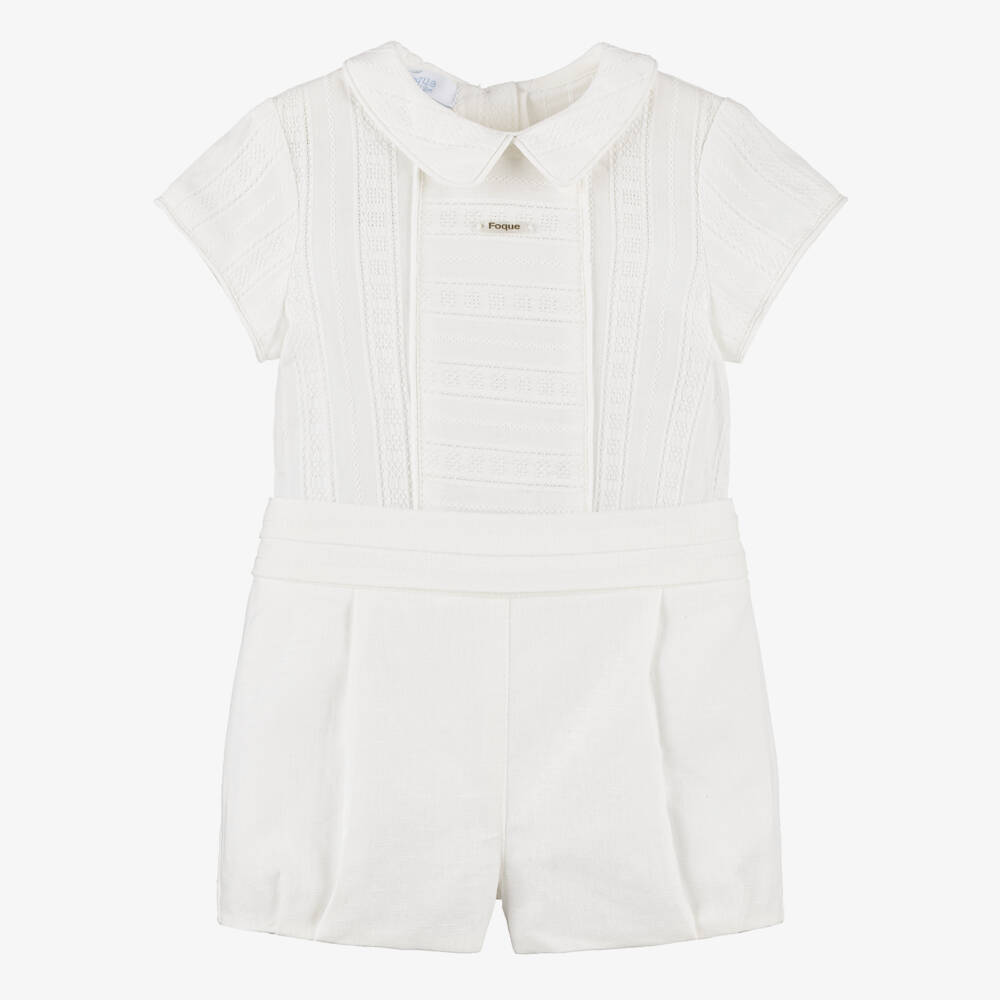 Foque-Boys Ivory Embroidered Shirt & Linen Blend Shorts Set | Childrensalon