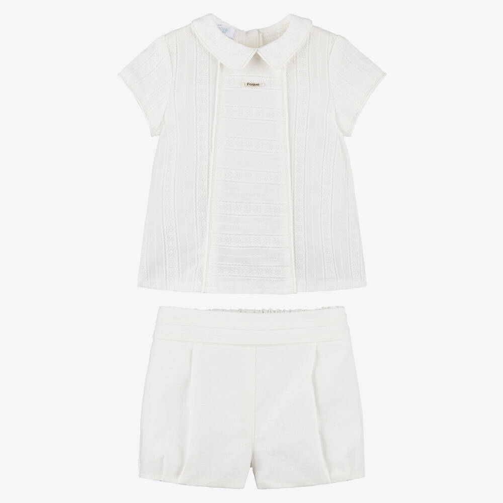 Foque-Boys Ivory Linen & Cotton Embroidered Shorts Set | Childrensalon