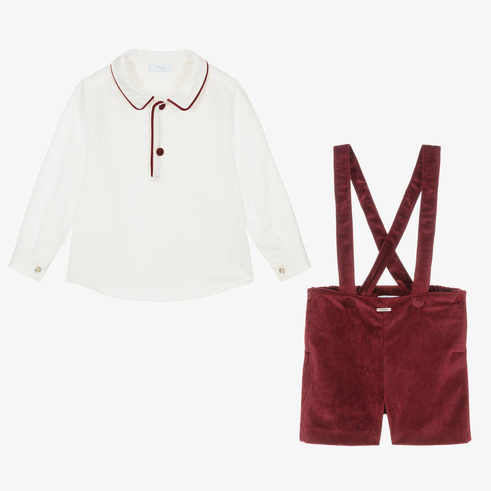 Foque-Boys Ivory & Red Velvet Shorts Set | Childrensalon