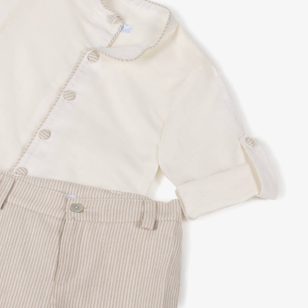 Foque-Boys Ivory Shirt & Beige Striped Shorts Set | Childrensalon