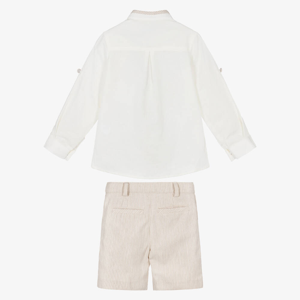 Foque-Boys Ivory Shirt & Beige Striped Shorts Set | Childrensalon