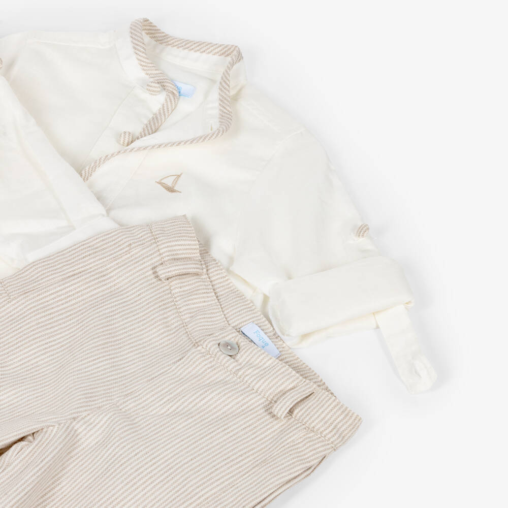 Foque-Boys Ivory Shirt & Beige Striped Shorts Set | Childrensalon