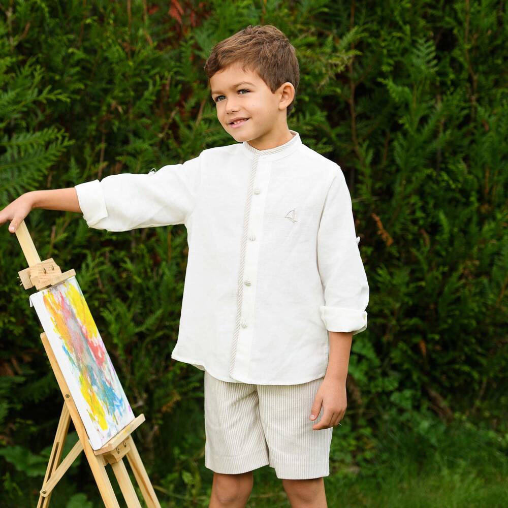 Foque-طقم شورت وقميص مقلم لون عاجي وبيج للأولاد | Childrensalon