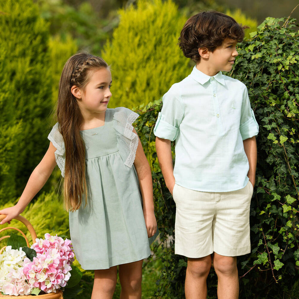 Foque-Boys Mint Green & Ivory Linen Shorts Set | Childrensalon