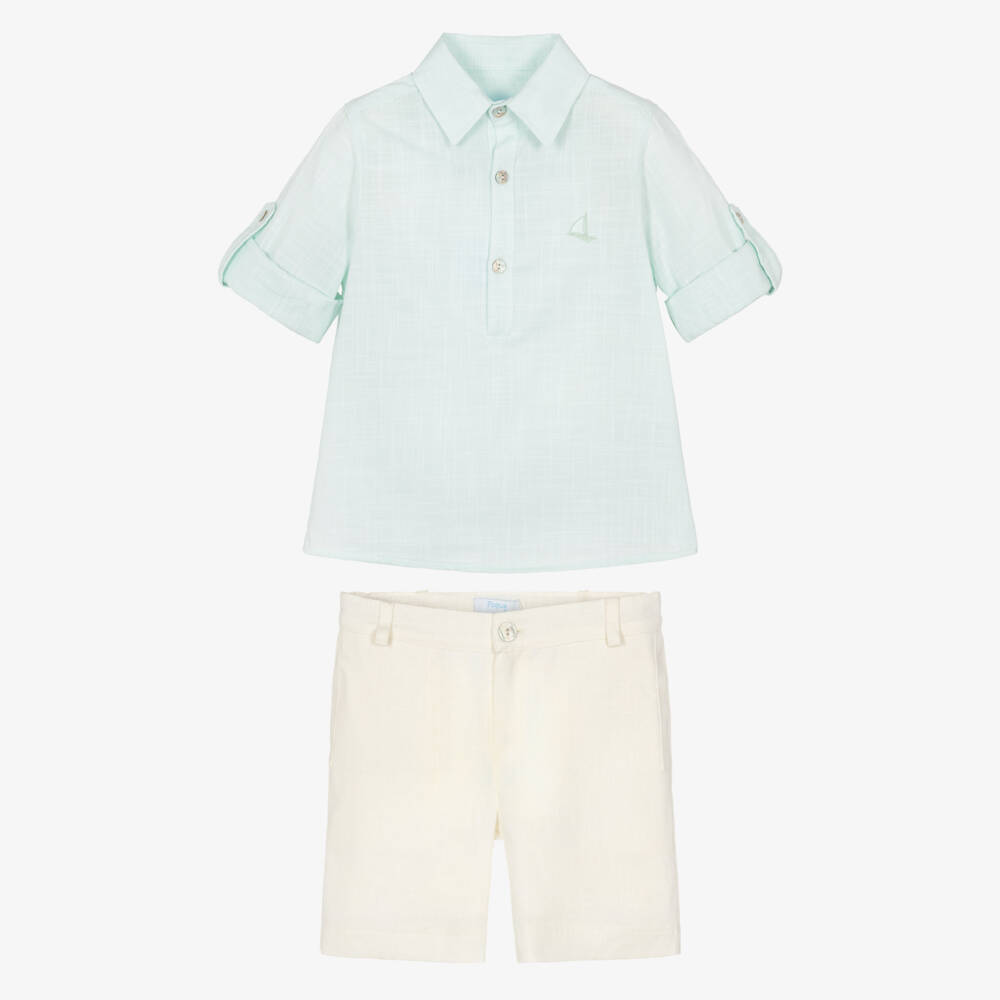 Foque-Boys Mint Green & Ivory Linen Shorts Set | Childrensalon
