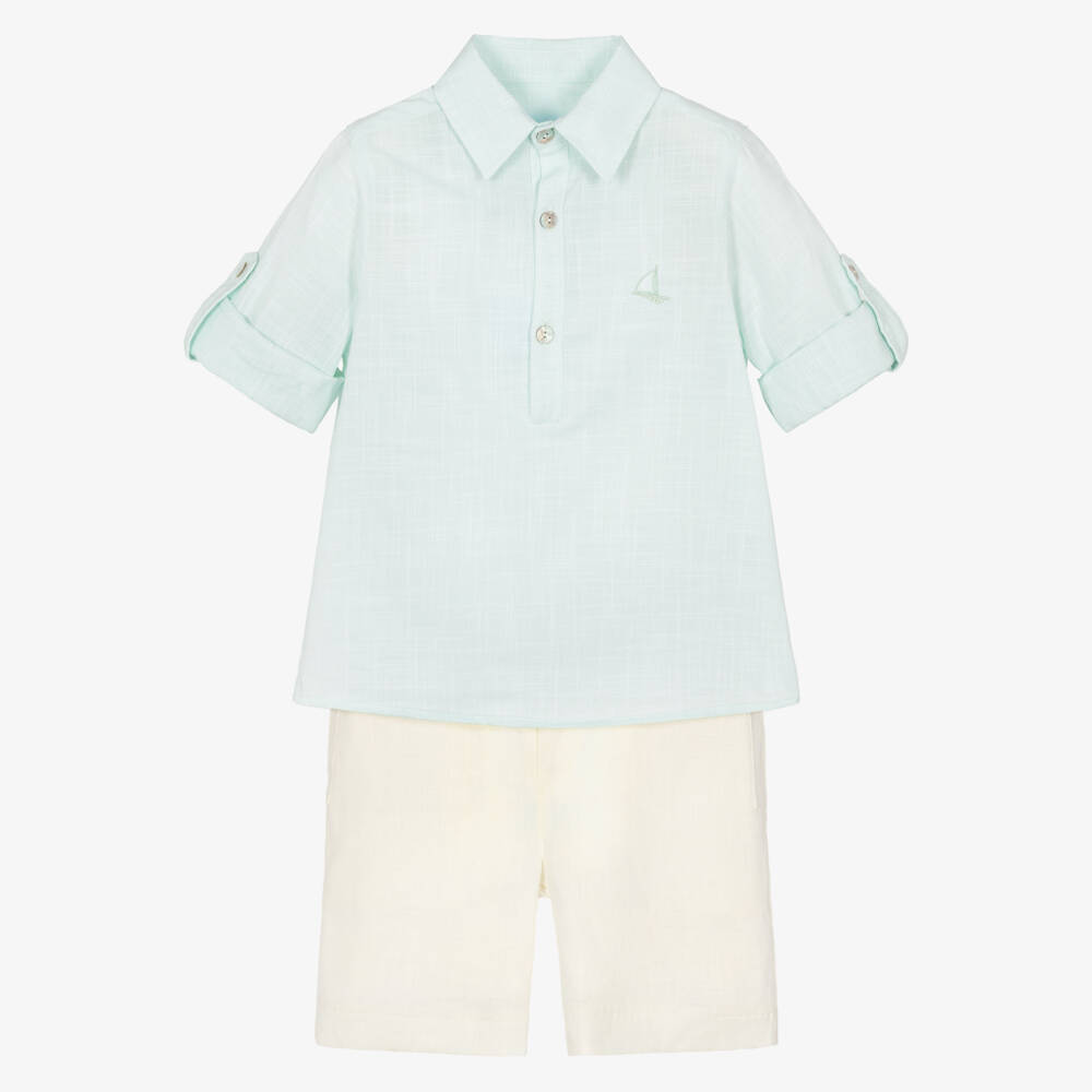Foque-Boys Mint Green & Ivory Linen Shorts Set | Childrensalon