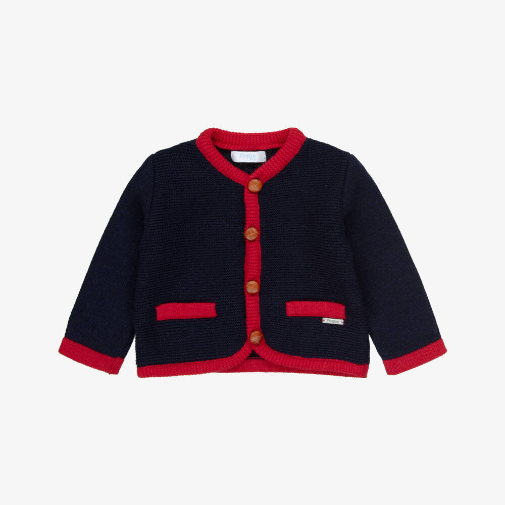 Foque-Boys Navy Blue & Red Wool Knit Cardigan | Childrensalon
