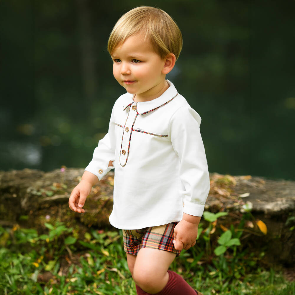Foque-Boys White & Beige Tartan Cotton Shorts Set | Childrensalon