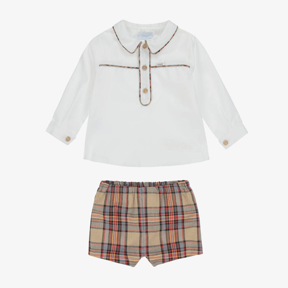 Foque-Boys White & Beige Tartan Cotton Shorts Set | Childrensalon