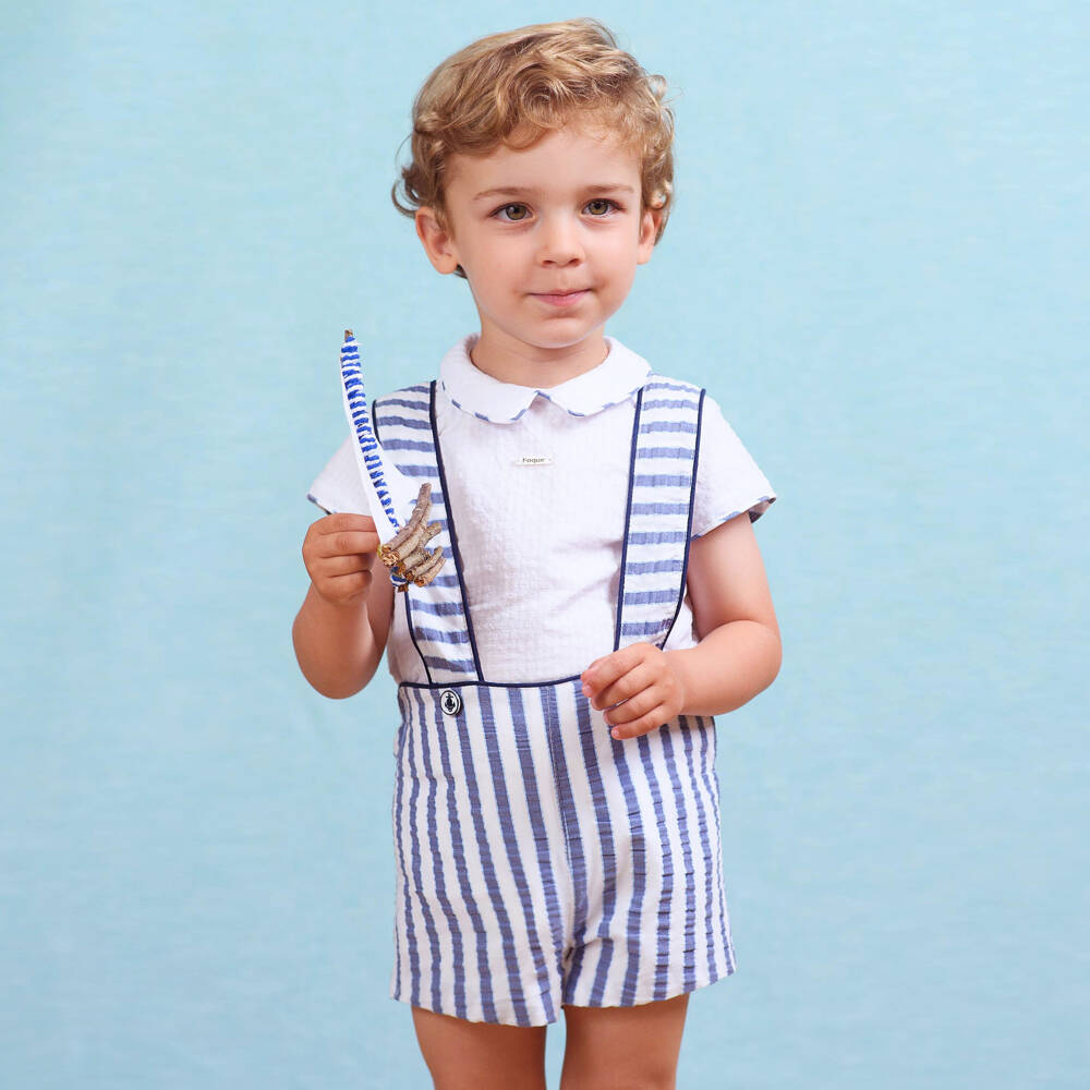 Foque-Boys White & Blue Striped Seersucker Shorts Set | Childrensalon
