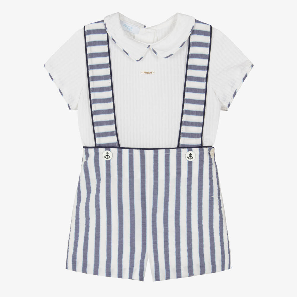 Foque-Boys White & Blue Striped Seersucker Shorts Set | Childrensalon