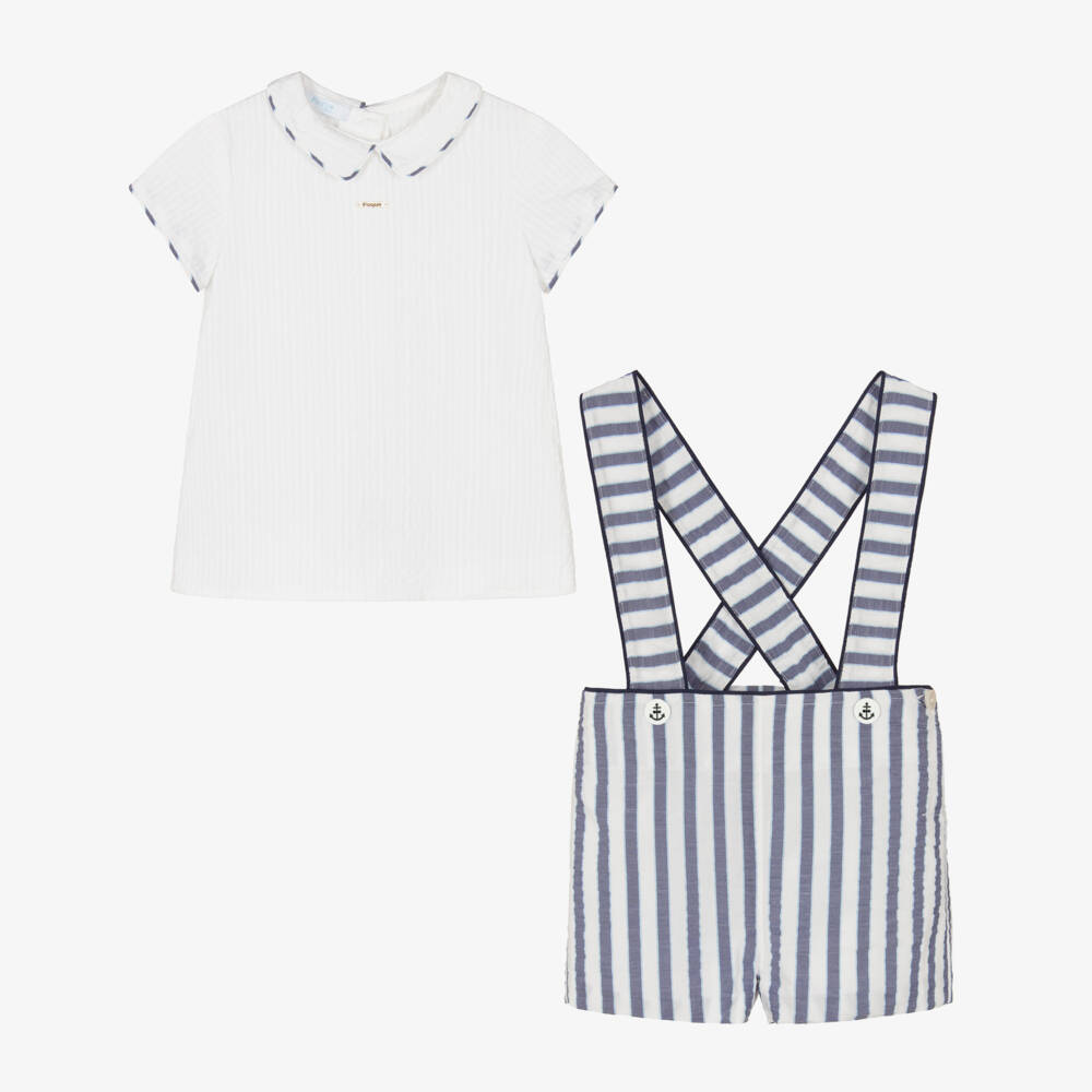 Foque-Boys White & Blue Striped Seersucker Shorts Set | Childrensalon