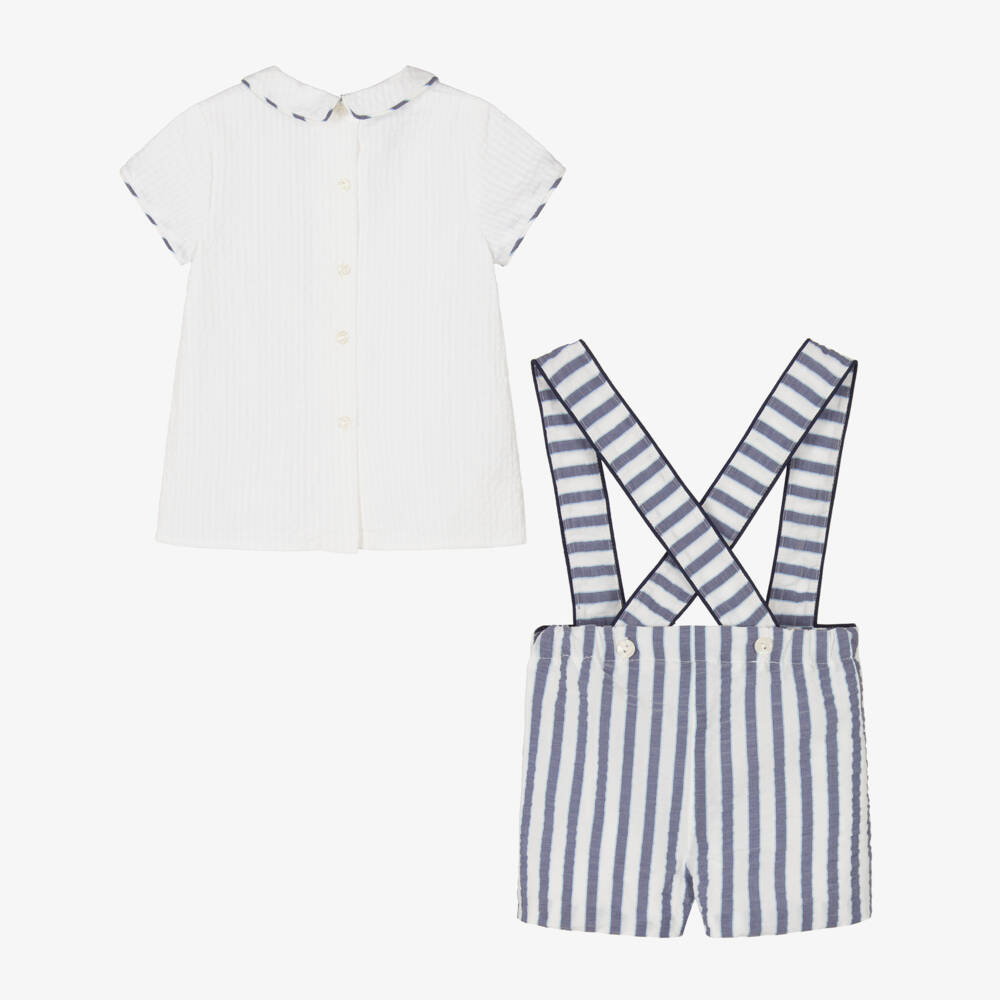 Foque-Boys White & Blue Striped Seersucker Shorts Set | Childrensalon