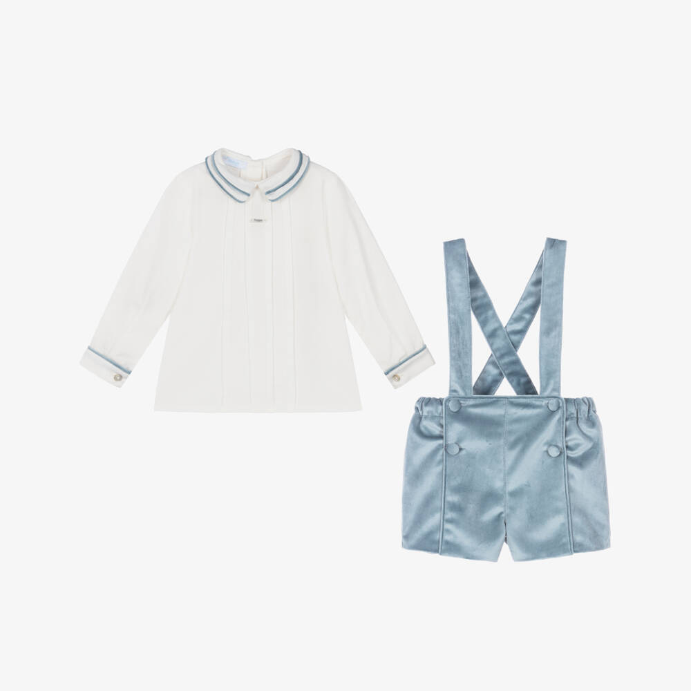 Foque-Boys White Cotton Shirt & Blue Velvet Shorts Set | Childrensalon