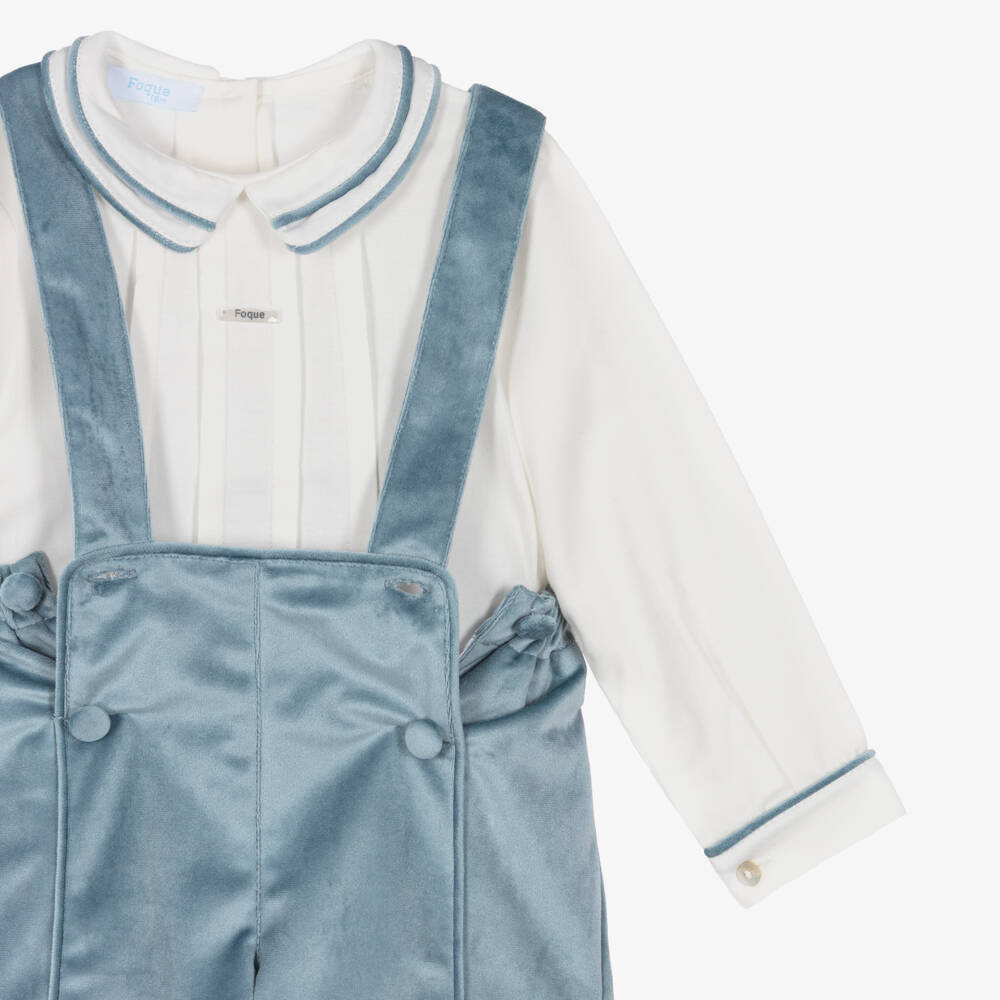 Foque-Boys White Cotton Shirt & Blue Velvet Shorts Set | Childrensalon