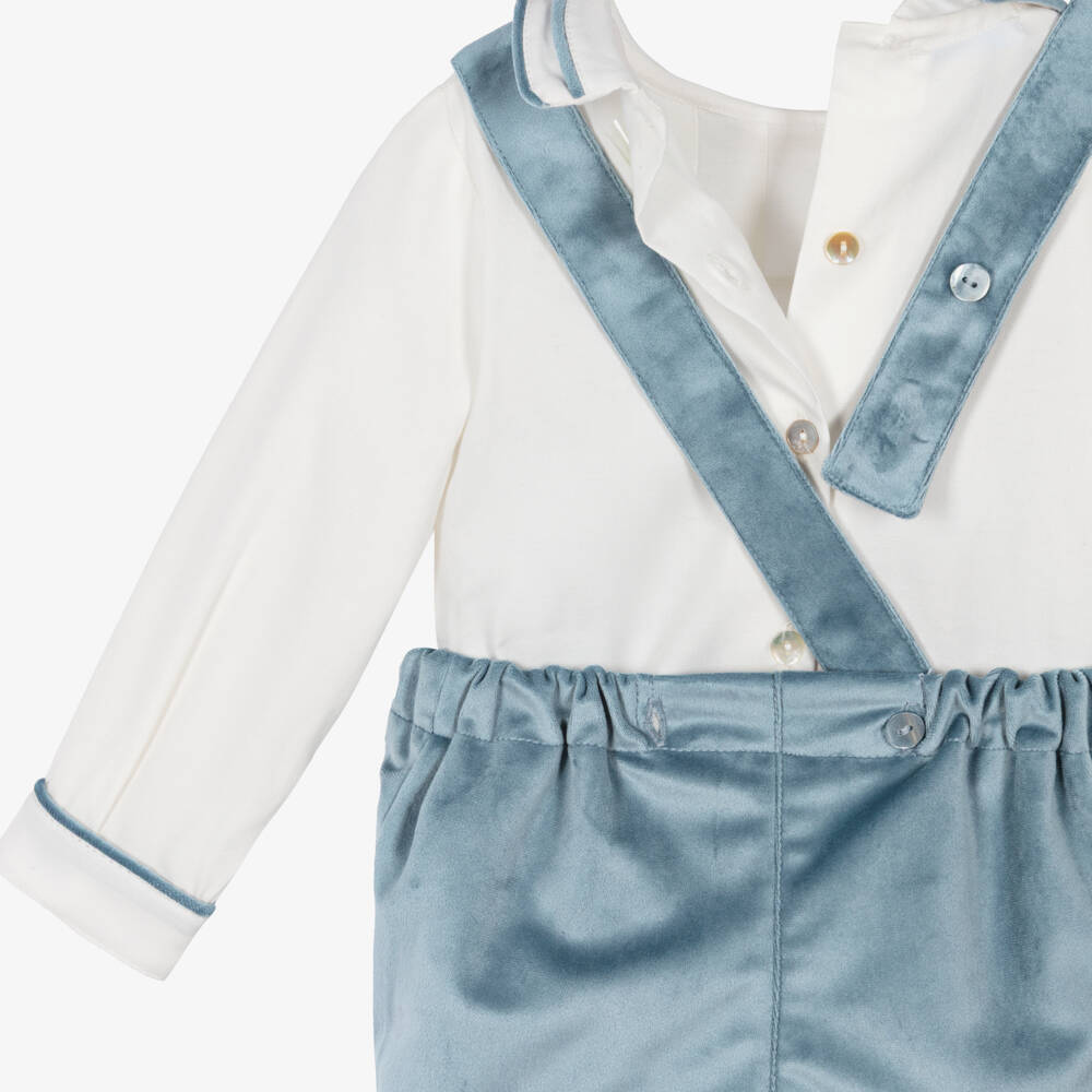 Foque-Boys White Cotton Shirt & Blue Velvet Shorts Set | Childrensalon