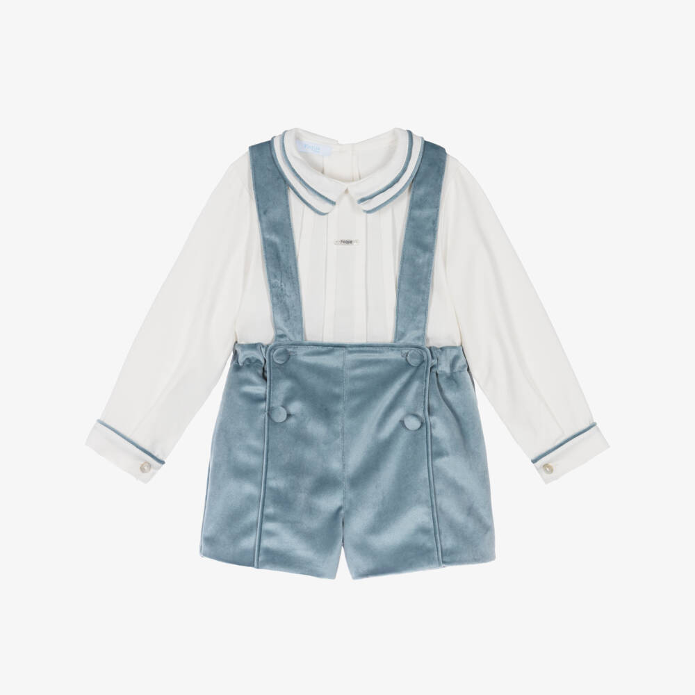Foque-Boys White Cotton Shirt & Blue Velvet Shorts Set | Childrensalon