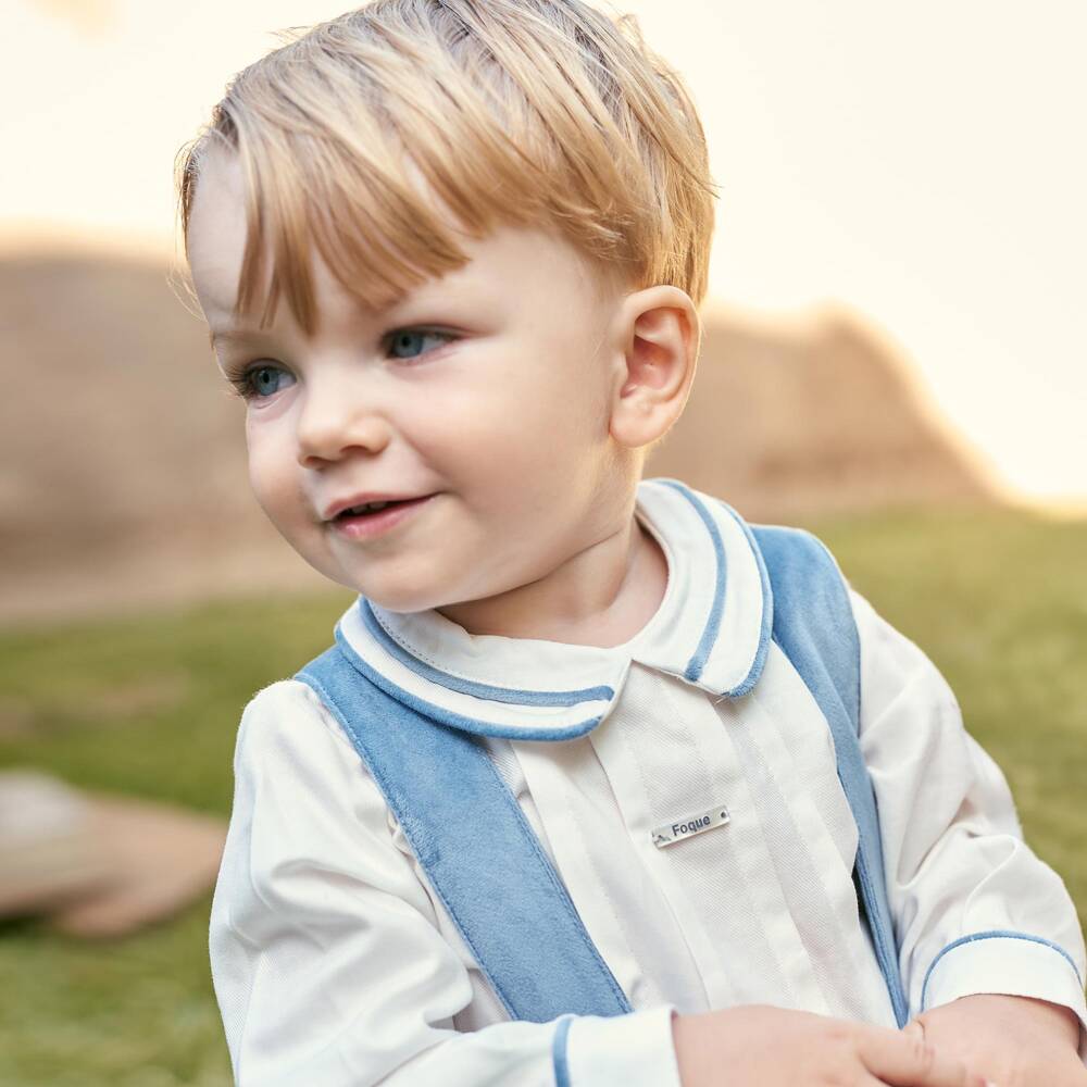 Foque-Boys White Cotton Shirt & Blue Velvet Shorts Set | Childrensalon