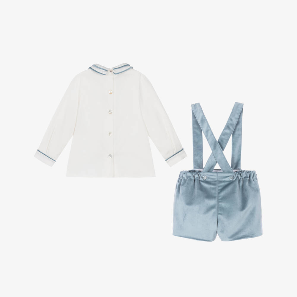 Foque-Boys White Cotton Shirt & Blue Velvet Shorts Set | Childrensalon