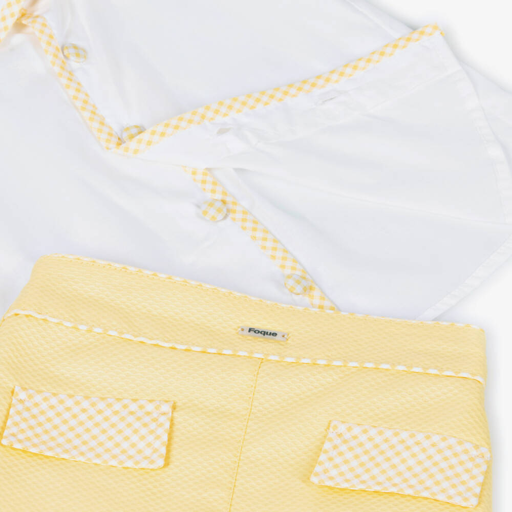 Foque-Boys White & Yellow Cotton Shorts Set with Gingham Trim | Childrensalon