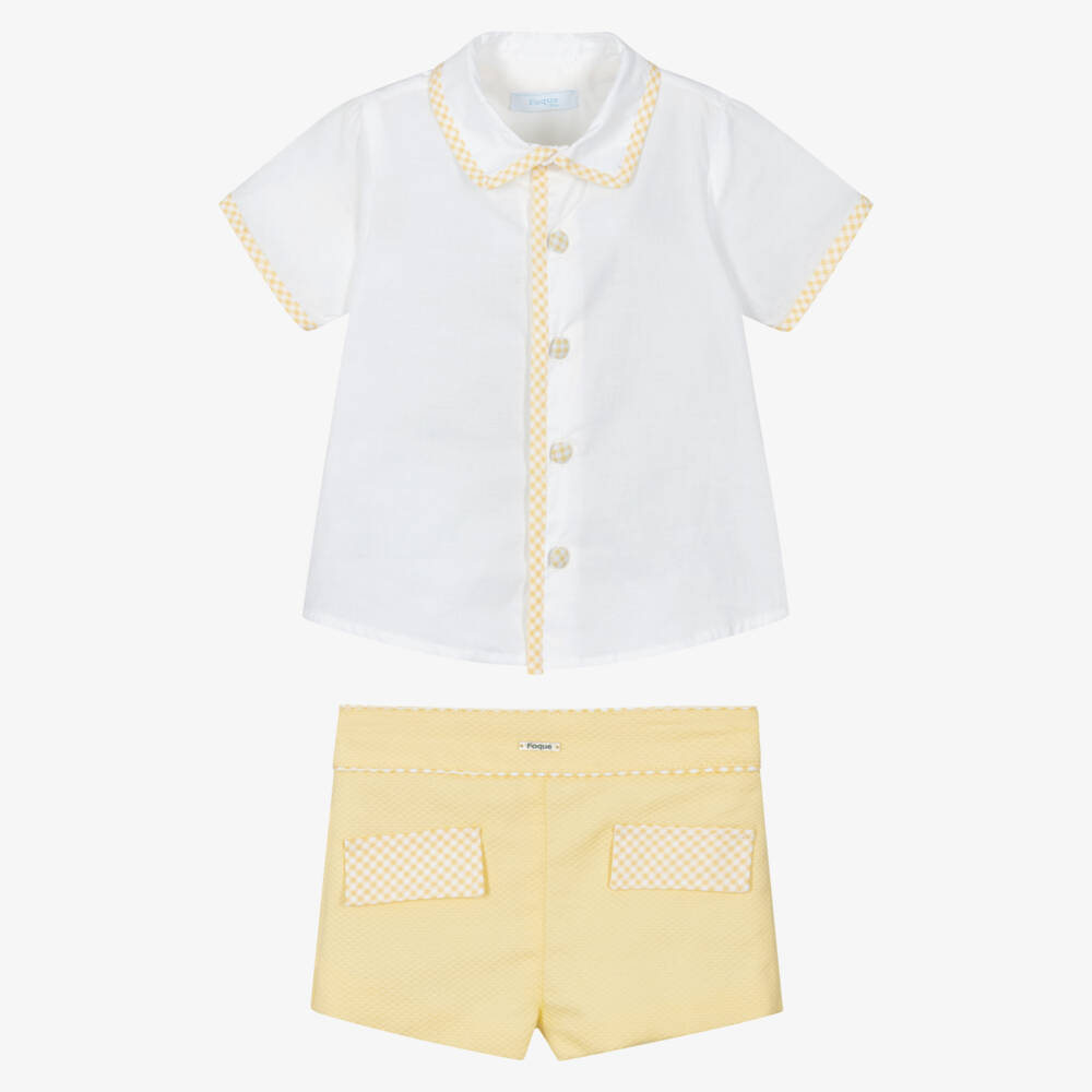 Foque-Boys White & Yellow Cotton Shorts Set with Gingham Trim | Childrensalon