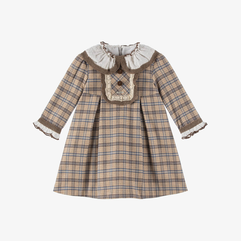 Foque-Girls Beige & Blue Checked Cotton Dress | Childrensalon
