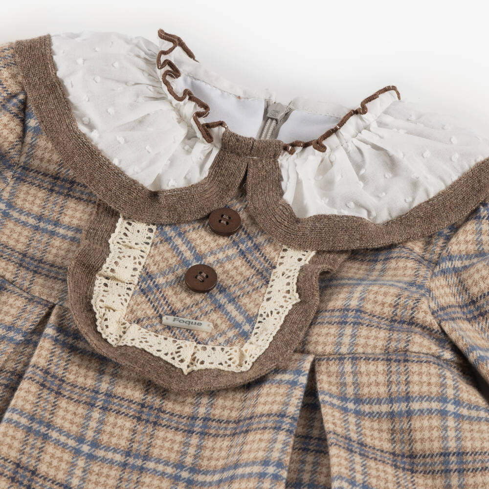 Foque-Girls Beige & Blue Checked Cotton Dress | Childrensalon