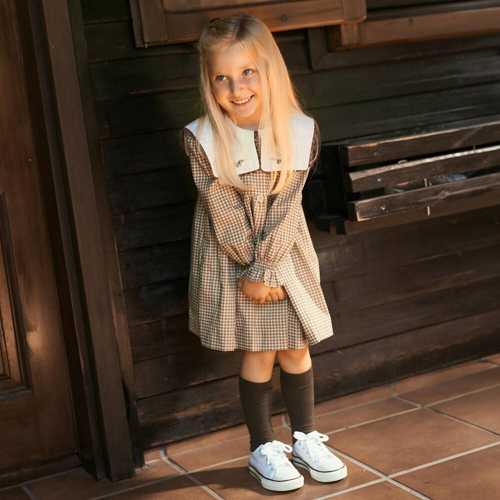 Foque-Girls Beige & Blue Gingham Dress with Sausage Dog Collar | Childrensalon