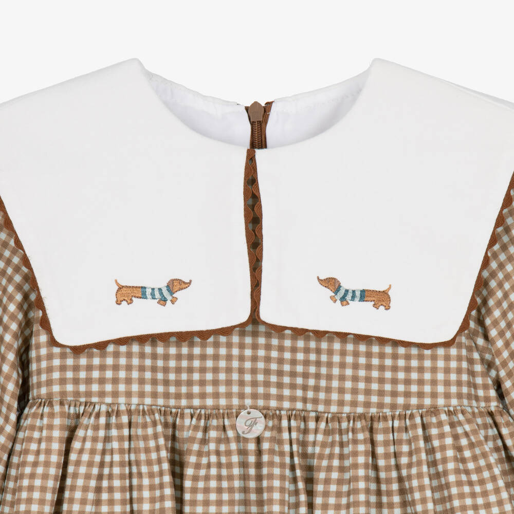 Foque-Girls Beige & Blue Gingham Dress with Sausage Dog Collar | Childrensalon