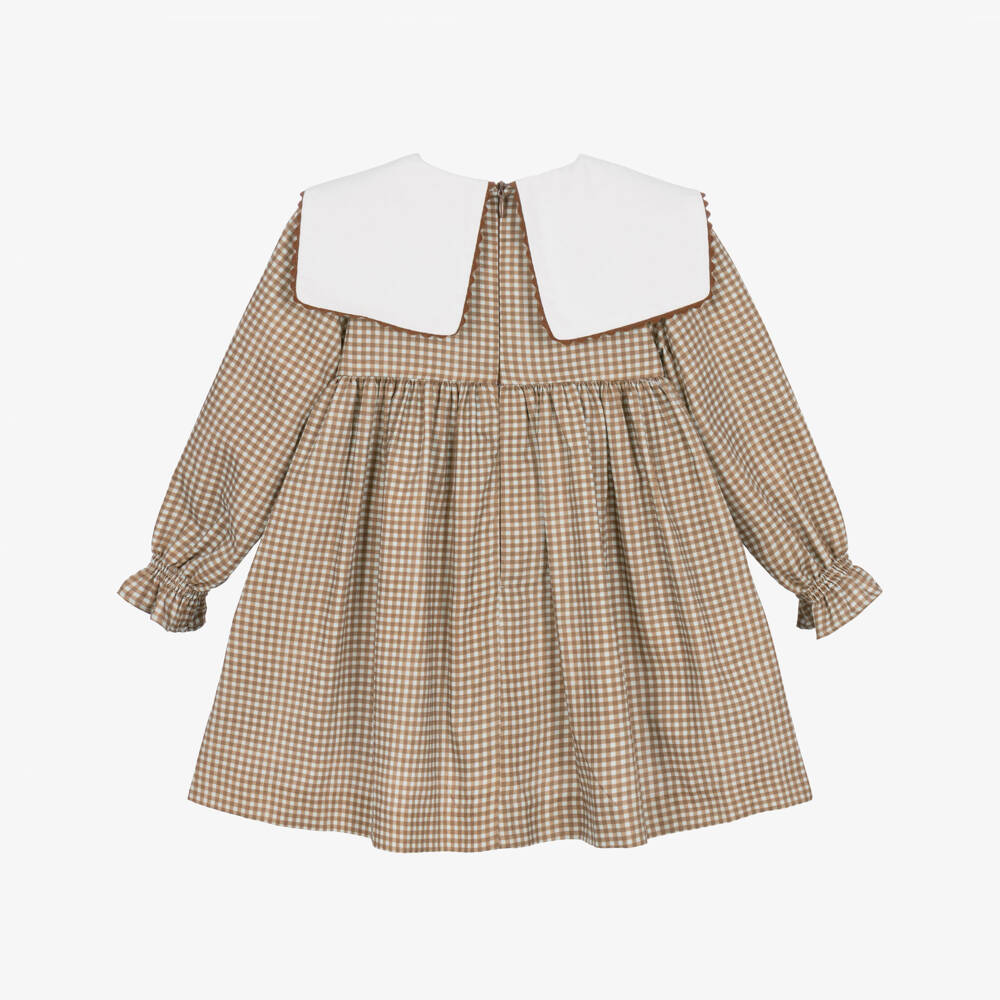 Foque-Girls Beige & Blue Gingham Dress with Sausage Dog Collar | Childrensalon