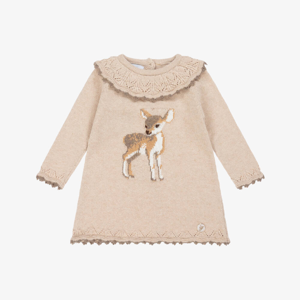 Foque-Girls Beige Deer Knitted Dress | Childrensalon
