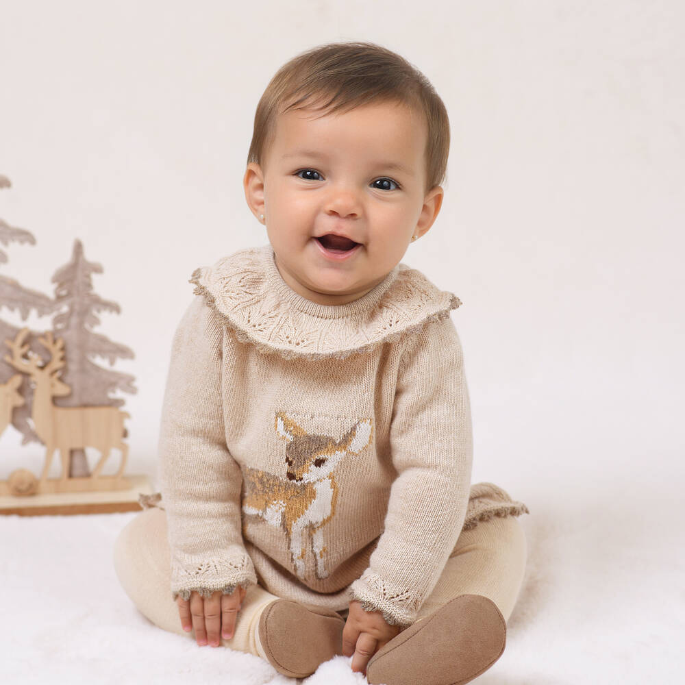Foque-Girls Beige Deer Knitted Dress | Childrensalon