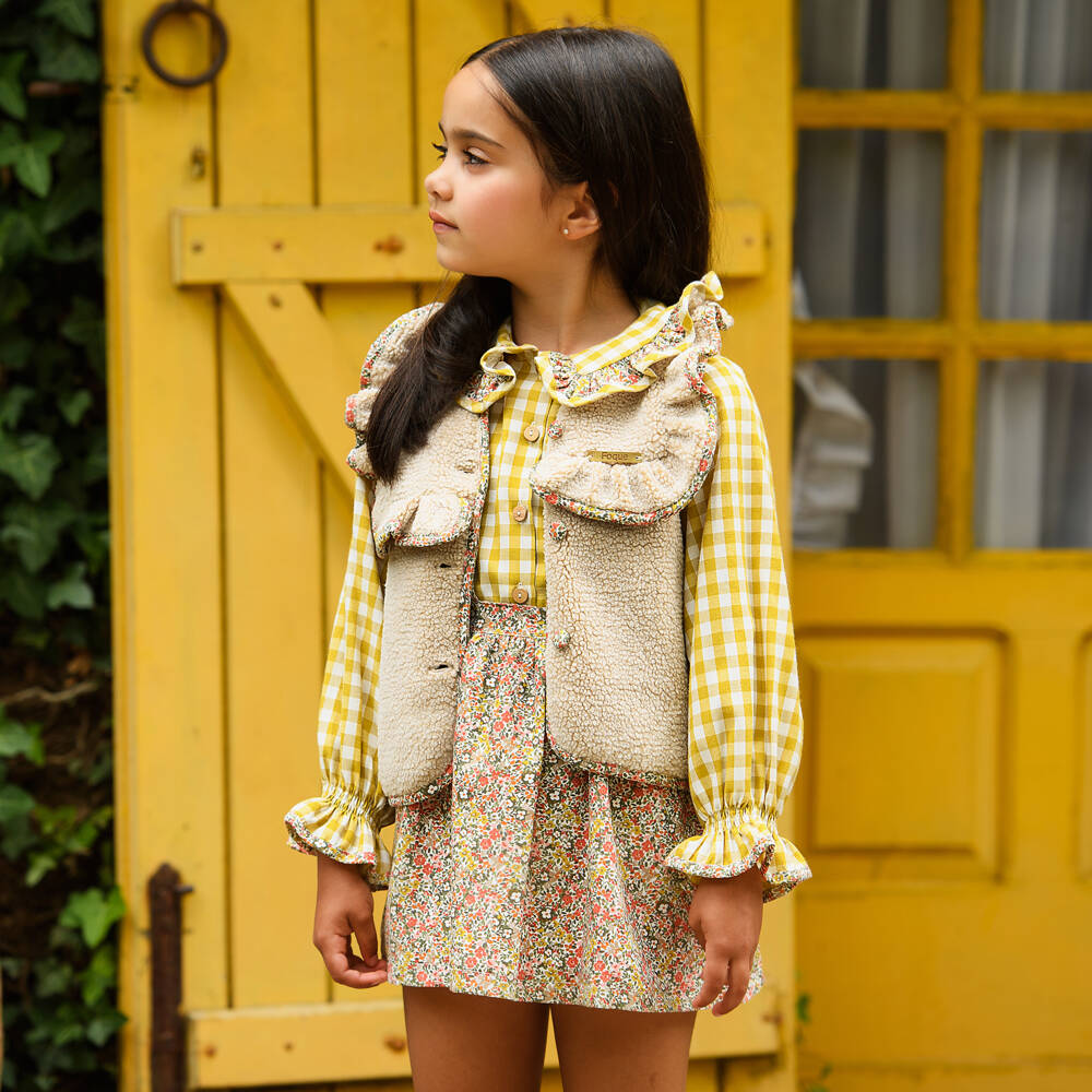Foque-Girls Beige Sherpa Fleece Gilet with Floral Trims | Childrensalon