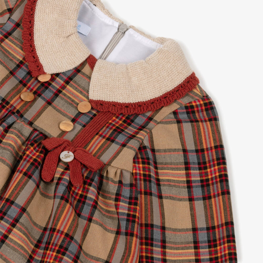 Foque-Girls Beige & Tan Brown Tartan Cotton Dress  | Childrensalon