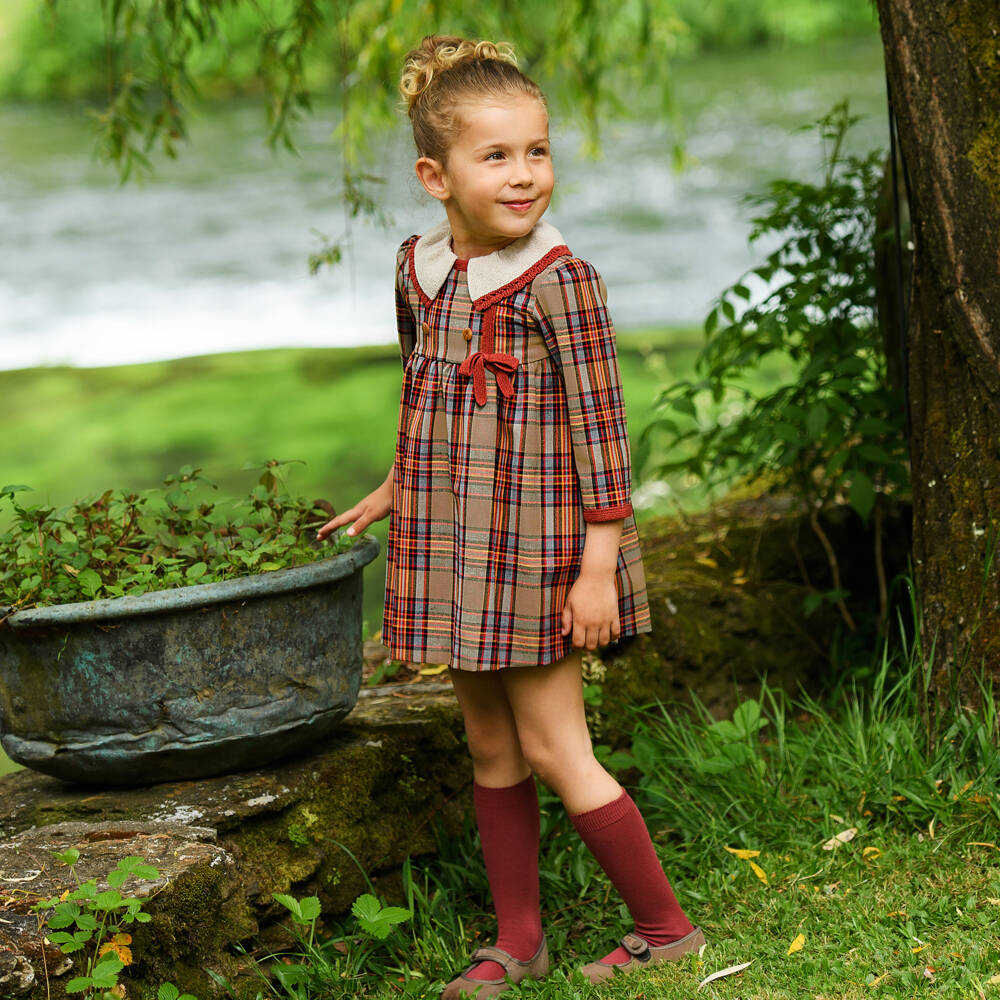 Foque-Girls Beige & Tan Brown Tartan Cotton Dress  | Childrensalon