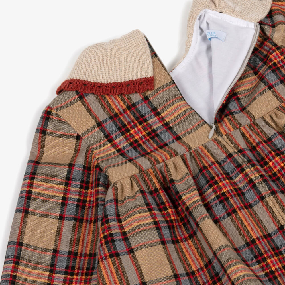 Foque-Girls Beige & Tan Brown Tartan Cotton Dress  | Childrensalon