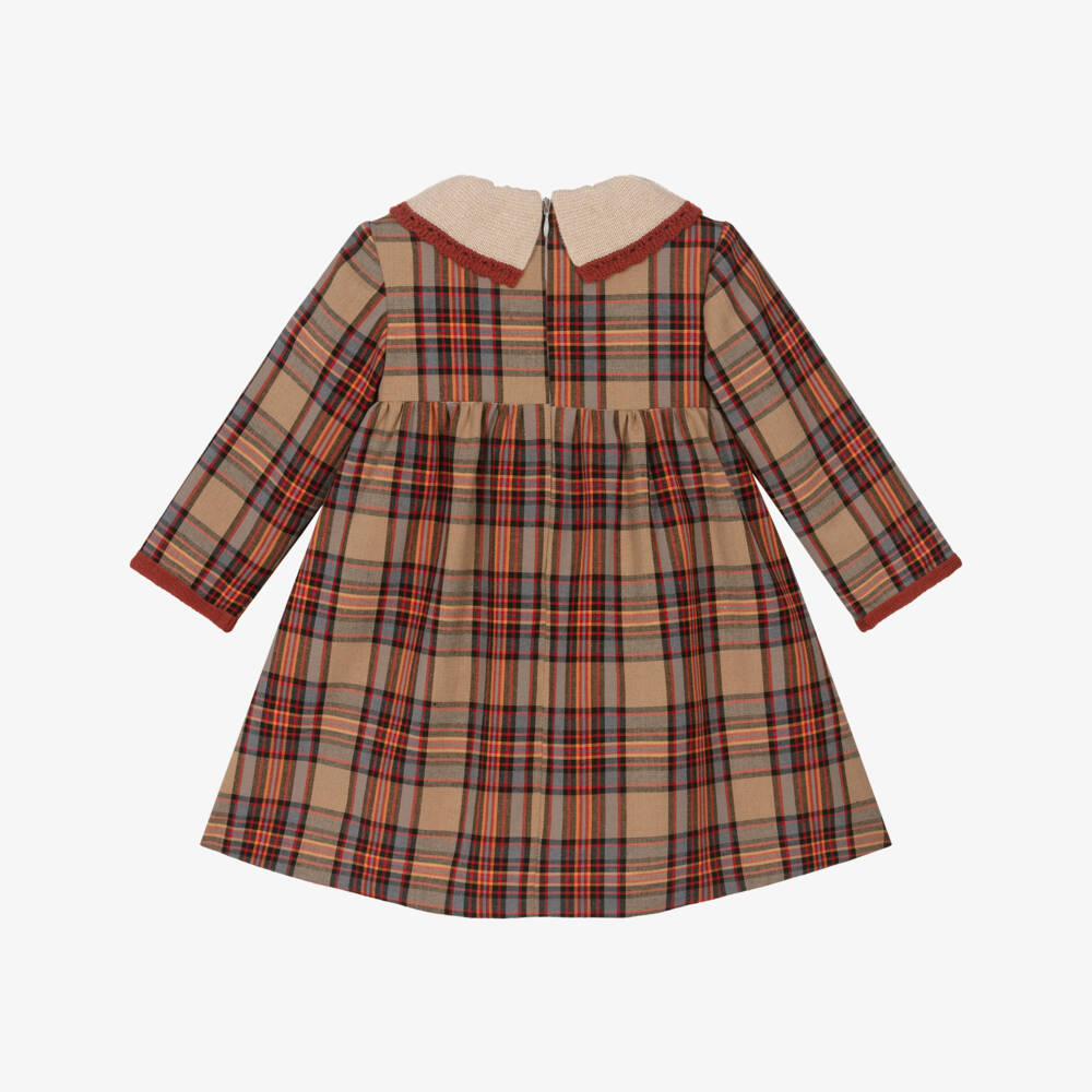 Foque-Girls Beige & Tan Brown Tartan Cotton Dress  | Childrensalon