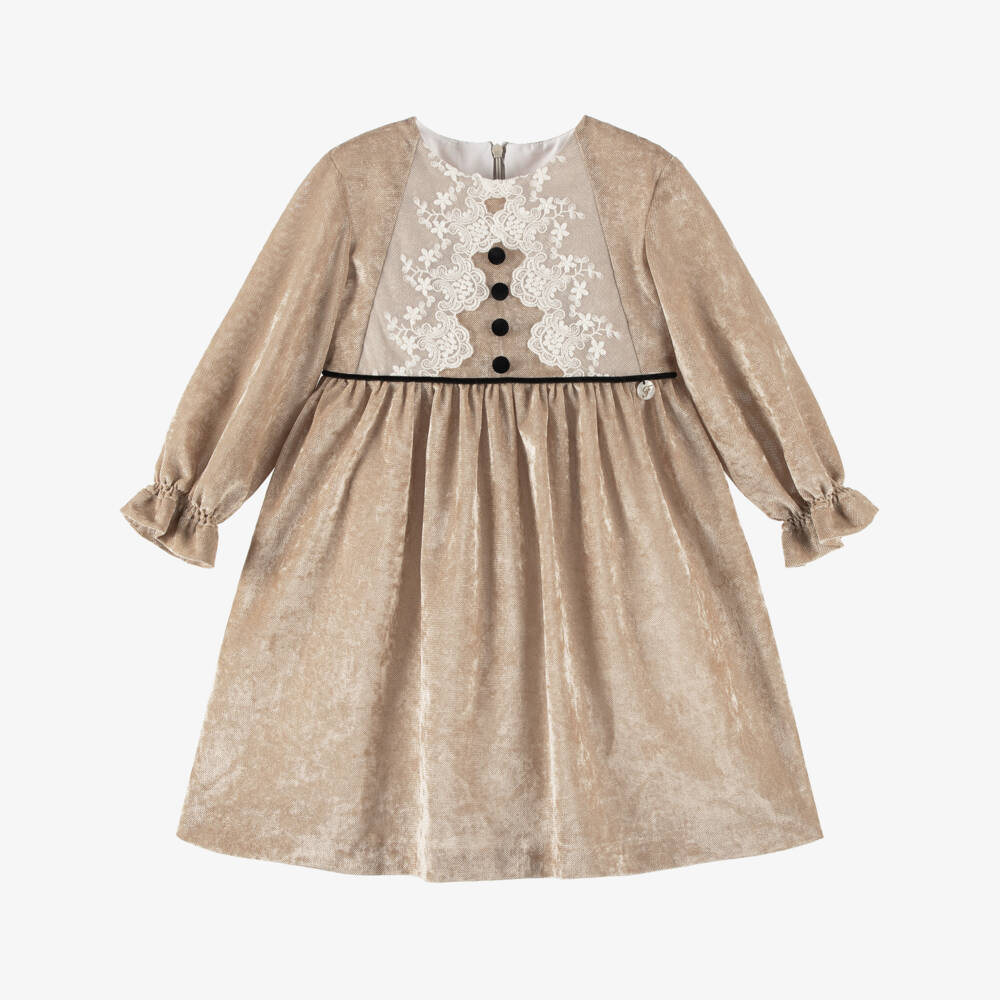 Foque-Girls Beige Velour Dress with Embroidered Tulle Trims | Childrensalon