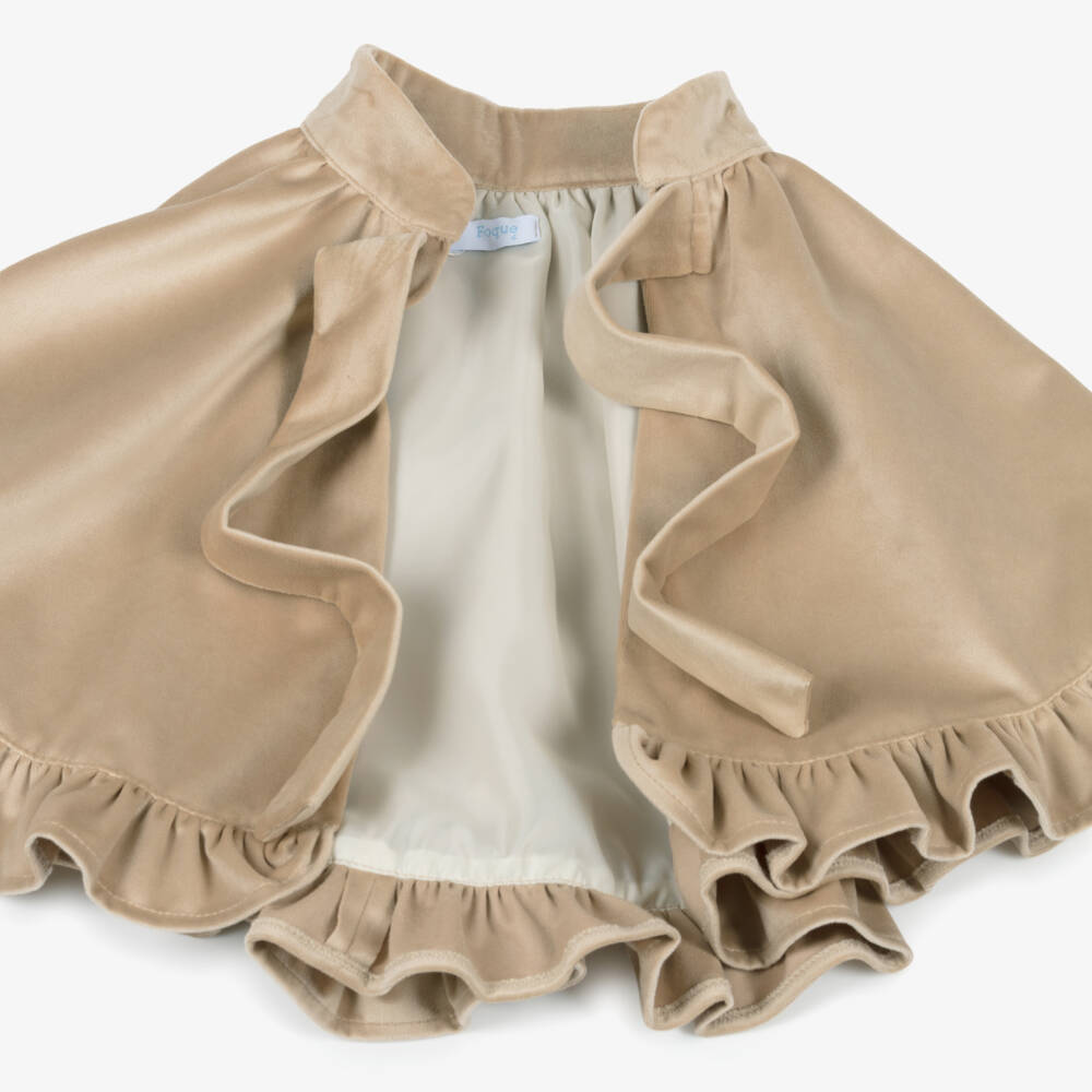Foque-Girls Beige Velvet Cape with Ruffle Trim | Childrensalon