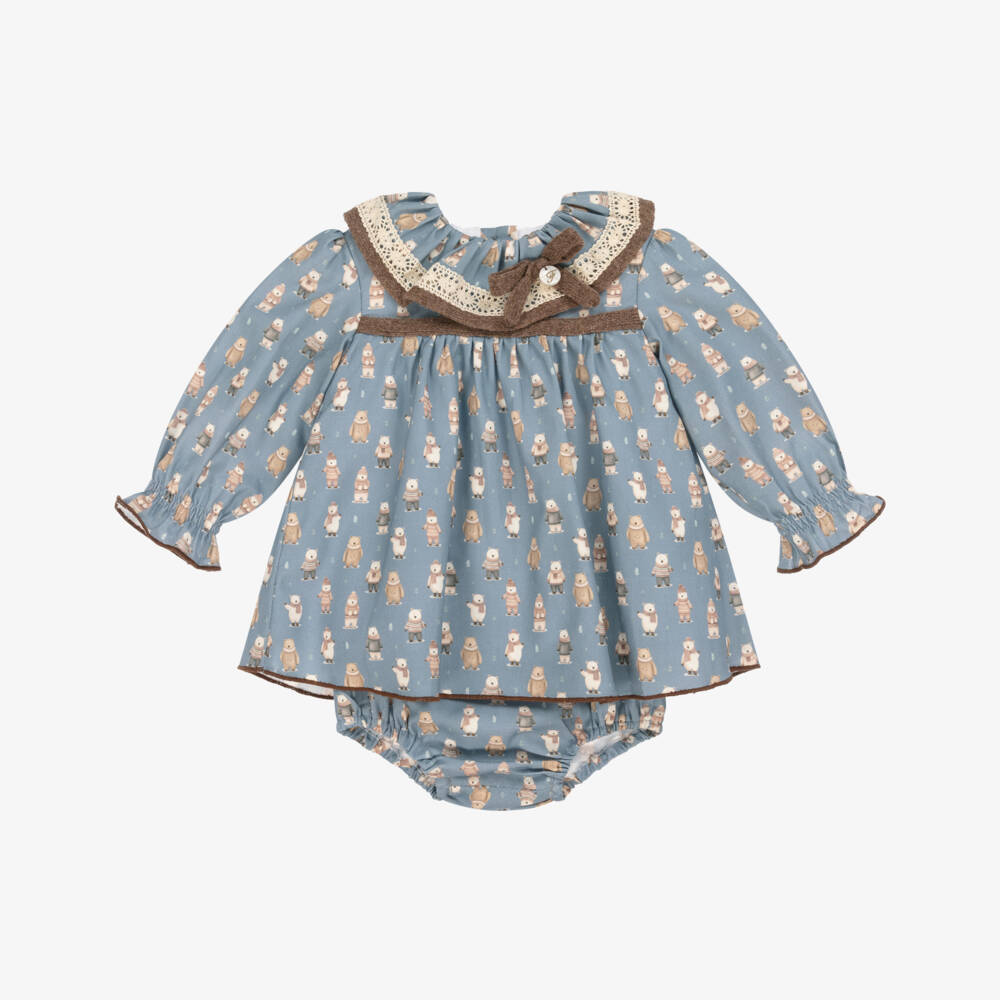Foque-Girls Blue & Beige Cotton Winter Bear Dress | Childrensalon